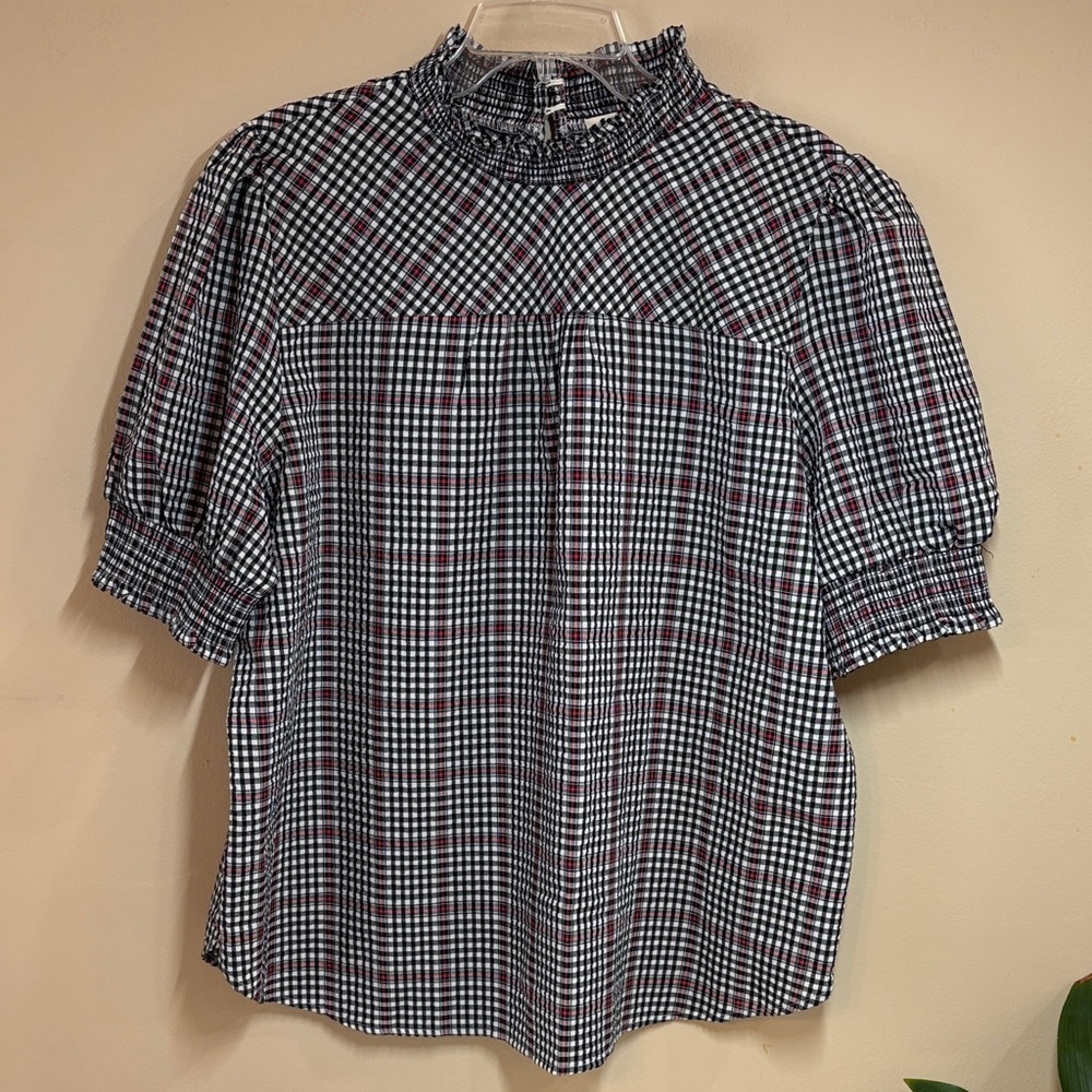 LOFT Plaid Mock-Neck Puff Sleeve Top - Black, White & Red, XXL